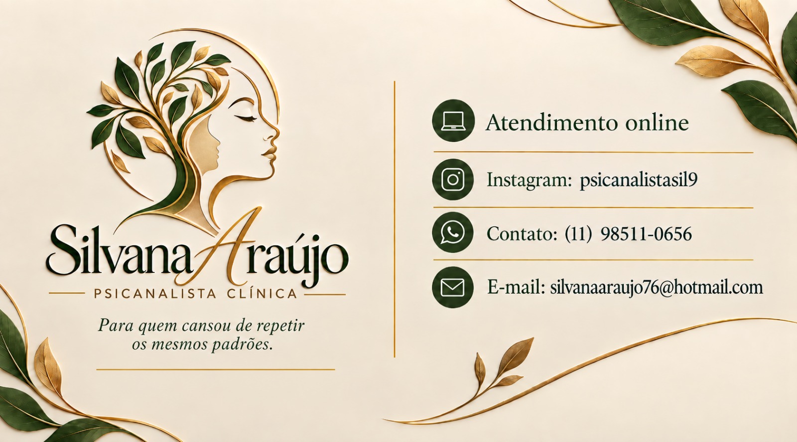 Cartão profissional Silvana Araújo - Psicanalista Clínica - Atendimento Online